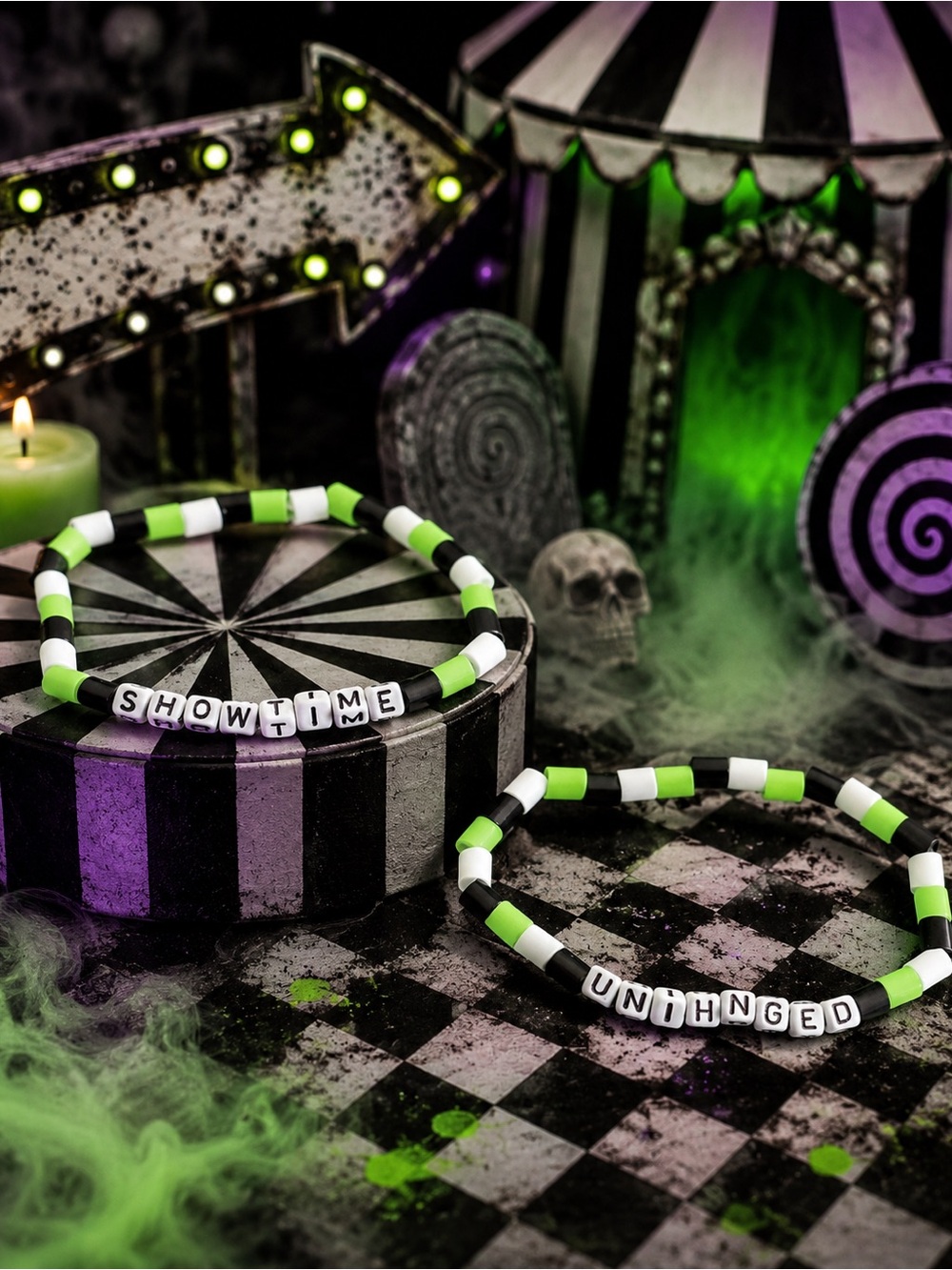 Beetlejuice-Inspired Crooked Showtime & Unhinged Bracelet Set | Spooky Carnival